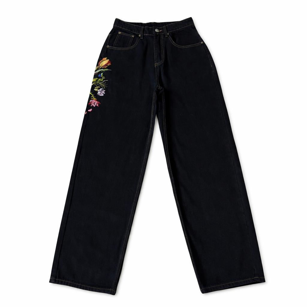 Floral Skull Embroidered Denim Jeans