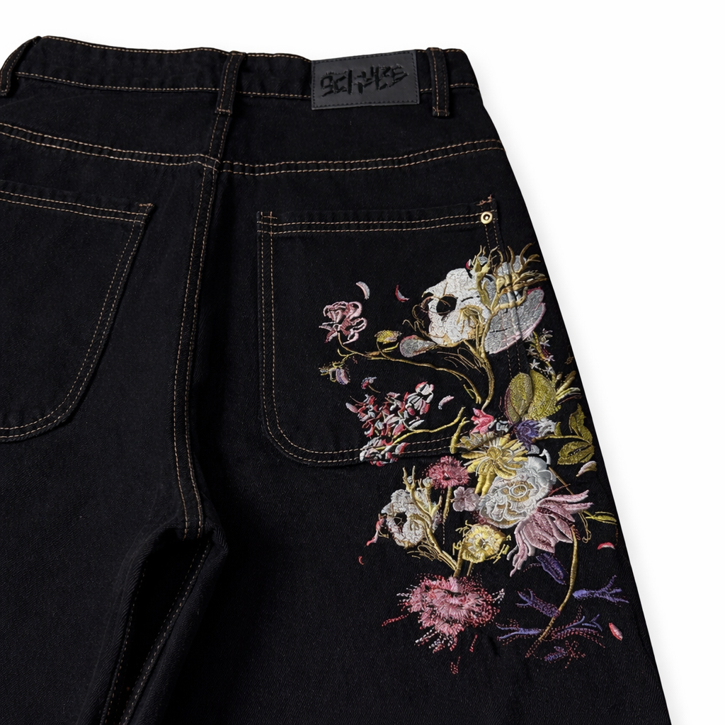 Floral Skull Embroidered Denim Jeans